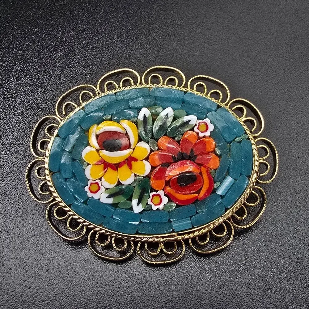 Italian Micro Mosaic Flower Brooch Blue Red Yellow Vintage Jewelry